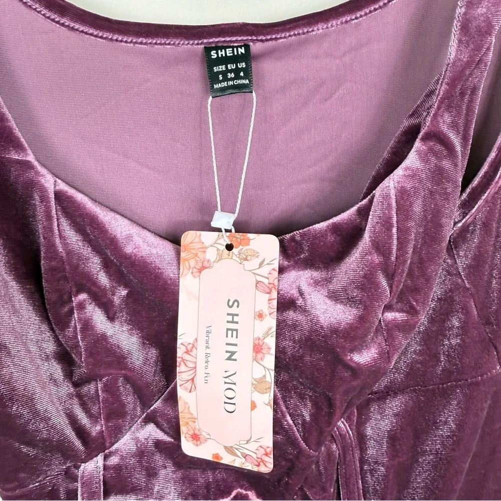 Shein Croquet Mod Floal Velvet Mini Dress Purple Womens Small Fit and Flare NWT - Picture 7 of 8